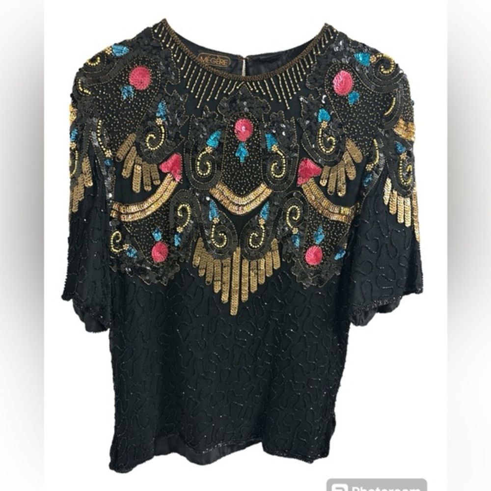 Megere Beaded Black Silk Dramatic Sequined Vintage Blouse Size L